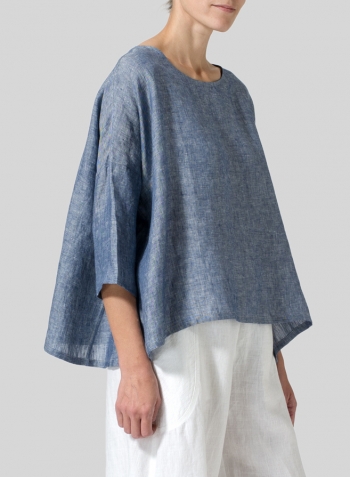 Two Tone Denim Linen Dropped Shoulder Top