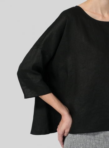 Black Linen Dropped Shoulder Top