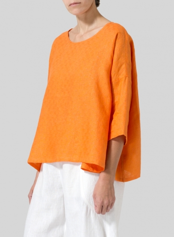 Orange Checker Jacquard Plaid Linen Dropped Shoulder Top