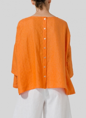 Orange Checker Jacquard Plaid Linen Dropped Shoulder Top