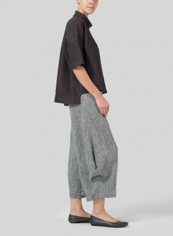 Graphite Linen Band Collar Boxy Top