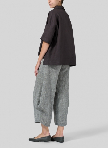 Graphite Linen Band Collar Boxy Top