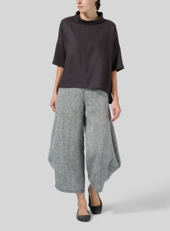 Graphite Linen Band Collar Boxy Top