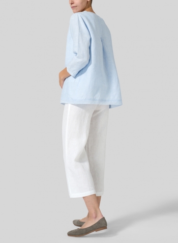 Power Blue Lightweight Linen Embroidered Hemline Top