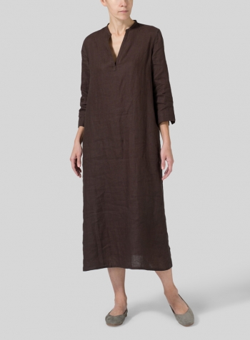 Brown Linen V-neck Mandarin Collar Dress Tunic