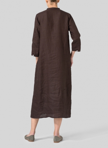 Brown Linen V-neck Mandarin Collar Dress Tunic