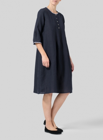 Navy Linen Embroidered Hemline Dress