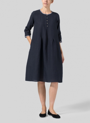 Navy Linen Embroidered Hemline Dress