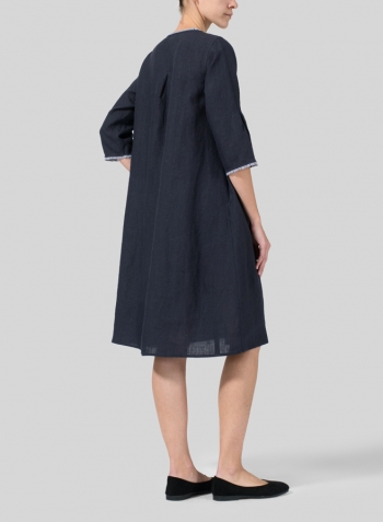 Navy Linen Embroidered Hemline Dress