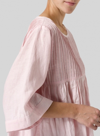 Baby Pink Linen Hand-Made Pleated Bell Sleeve Blouse