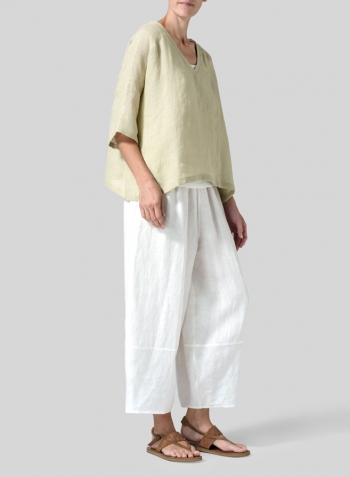 Pale Goldenrod Woven Linen Deep V-neck Top