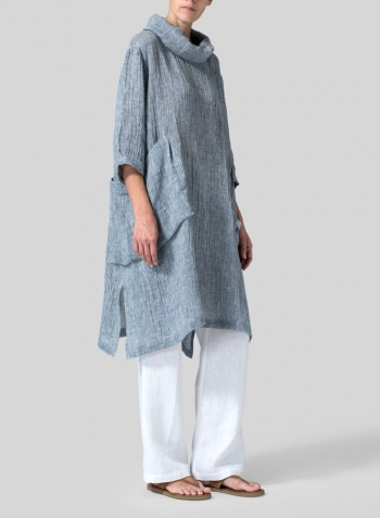 Dark Sky Blue Gauze Linen Cowl Neck Oversized Tunic