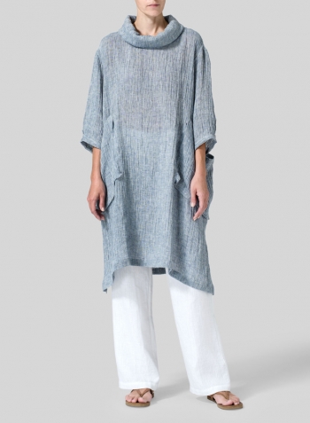 Dark Sky Blue Gauze Linen Cowl Neck Oversized Tunic