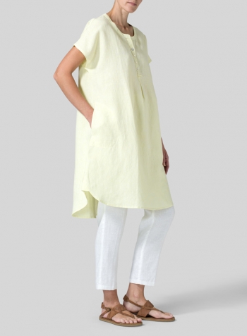 Lime Yellow Linen Split Neck Long Tunics