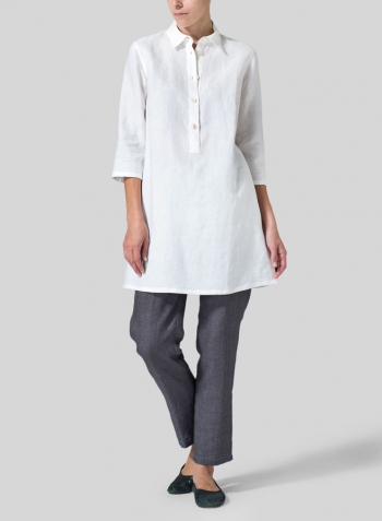 White Linen Straight Fit Shirt Collar Tunic