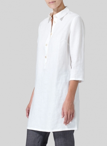 White Linen Straight Fit Shirt Collar Tunic