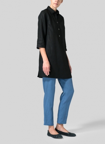 Black Linen Straight Fit Shirt Collar Tunic