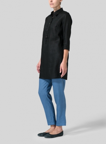 Black Linen Straight Fit Shirt Collar Tunic