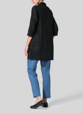 Black Linen Straight Fit Shirt Collar Tunic