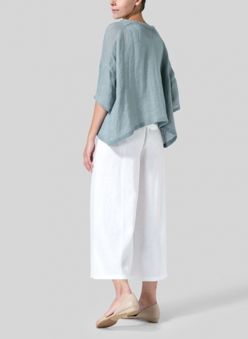 Green Gray Woven Linen Deep V-neck Top