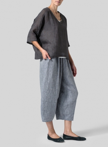 Charcoal Gray Woven Linen Deep V-neck Top