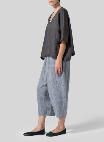 Charcoal Gray Woven Linen Deep V-neck Top