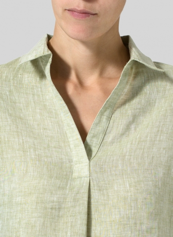 Two Tone Green White Linen Classic Collar Shirt