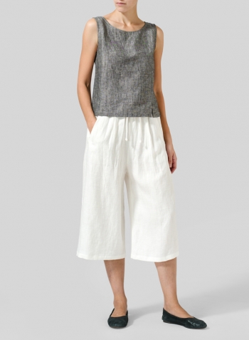Off White Linen Straight Elastic Cropped Pants Set
