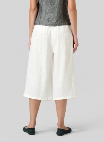 Off White Linen Straight Elastic Cropped Pants Set