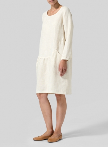 Light Oat Linen Pleated-Waist Dress