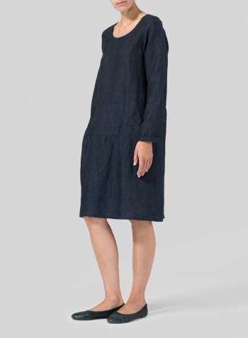 Denim Blue Linen Pleated-Waist Dress