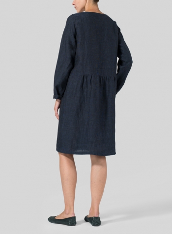 Denim Blue Linen Pleated-Waist Dress