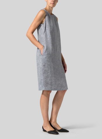 Two Tone Navy White Linen Sleeveless Mid-Length Dress