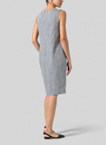 Two Tone Navy White Linen Sleeveless Mid-Length Dress