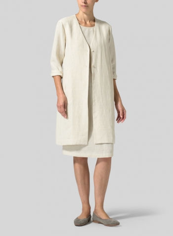 Light Oat Linen Straight Fit V-Neck Long Jacket