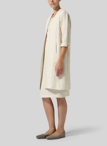 Light Oat Linen Straight Fit V-Neck Long Jacket