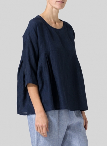 Midnight Blue Linen Dropped Shoulder Pleated Box Top
