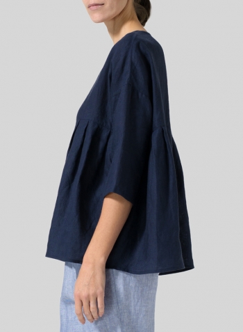 Midnight Blue Linen Dropped Shoulder Pleated Box Top
