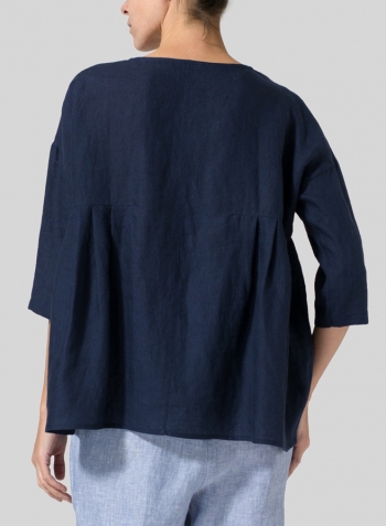 Midnight Blue Linen Dropped Shoulder Pleated Box Top
