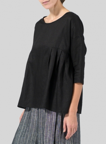 Black Linen Dropped Shoulder Pleated Box Top