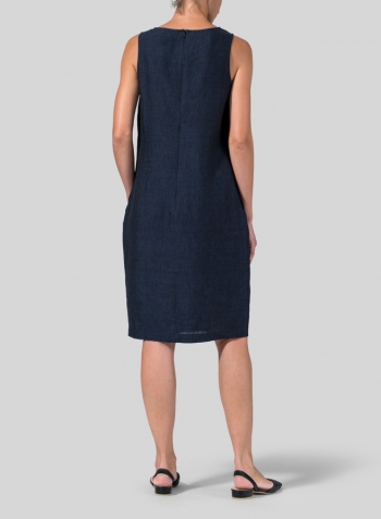 Denim Blue Linen Sleeveless Mid-Length Dress