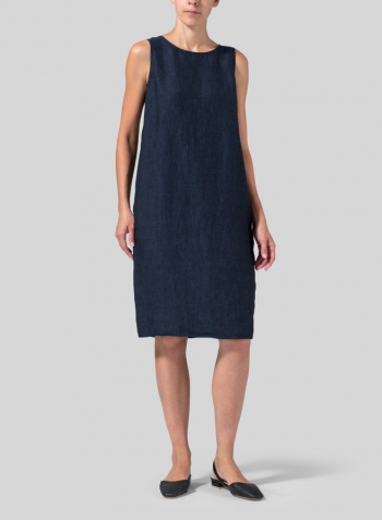 Denim Blue Linen Sleeveless Mid-Length Dress