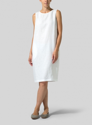 White Linen Sleeveless Mid-Length Dress