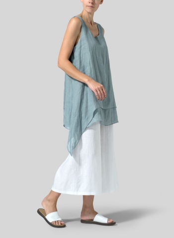 Green Gray Linen Sleeveless Layered Lightweight Top Set