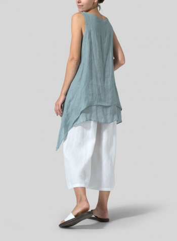 Green Gray Linen Sleeveless Layered Lightweight Top Set