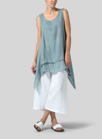 Green Gray Linen Sleeveless Layered Lightweight Top Set