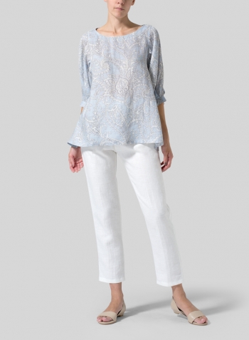 Blue Paisley Waves Linen Pleated Sleeve Top