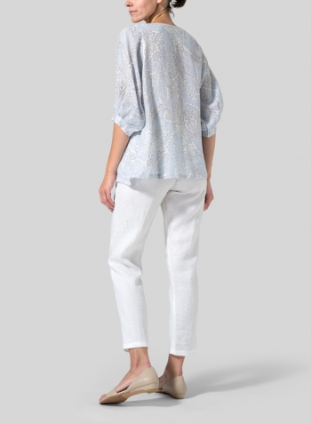Blue Paisley Waves Linen Pleated Sleeve Top