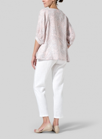 Pink Paisley Waves Linen Pleated Sleeve Top