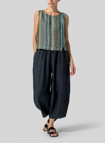 Multi Green Check Linen Sleeveless Short Tank